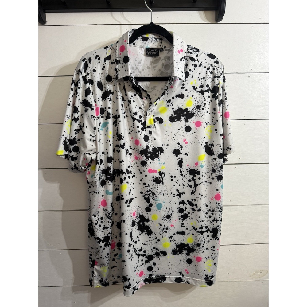 Sunday Swagger Golf Polo Men's‎ XL Black Neon Yellow Pink Teal Splatter Loud EUC